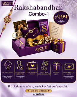 Arzuti Rakshabandhan Combo 1 | Personalized Rakhi Gift Hamper for Sister | Jewellery, Chocolate & Surprise Gift