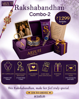 Arzuti Rakshabandhan Combo 2 | Personalized Rakhi Gift Hamper for Sister | Turkish Cuff/Watch, Chocolate & Surprise Gift